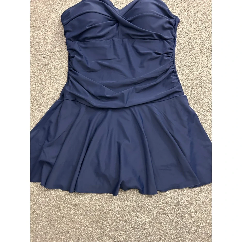 Shekini Swim Dress Womens Large Navy Blue Excellent Ruched Twist Front One Piece